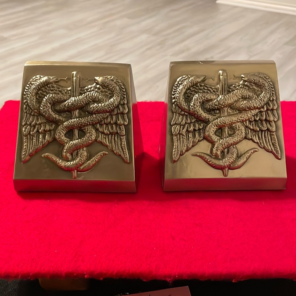 Vintage PM Craftsman Heavy Brass Medical Bookends-Physician Caduceus Emblems